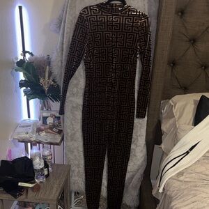 Fashion Nova Black and Brown Geometric Jumpsuit
